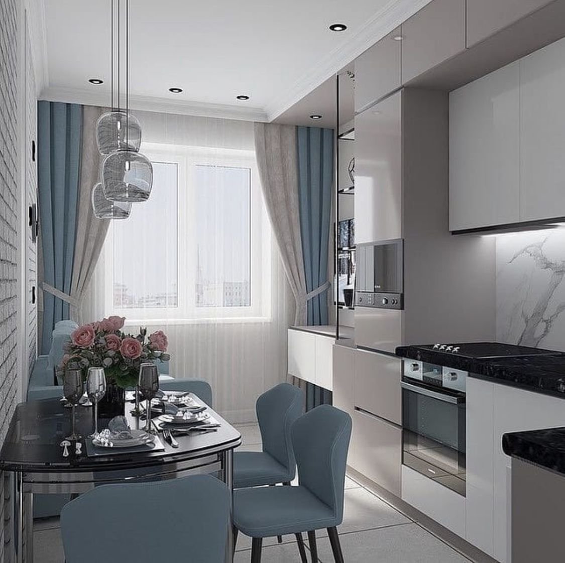 Прямоугольная кухня с диваном