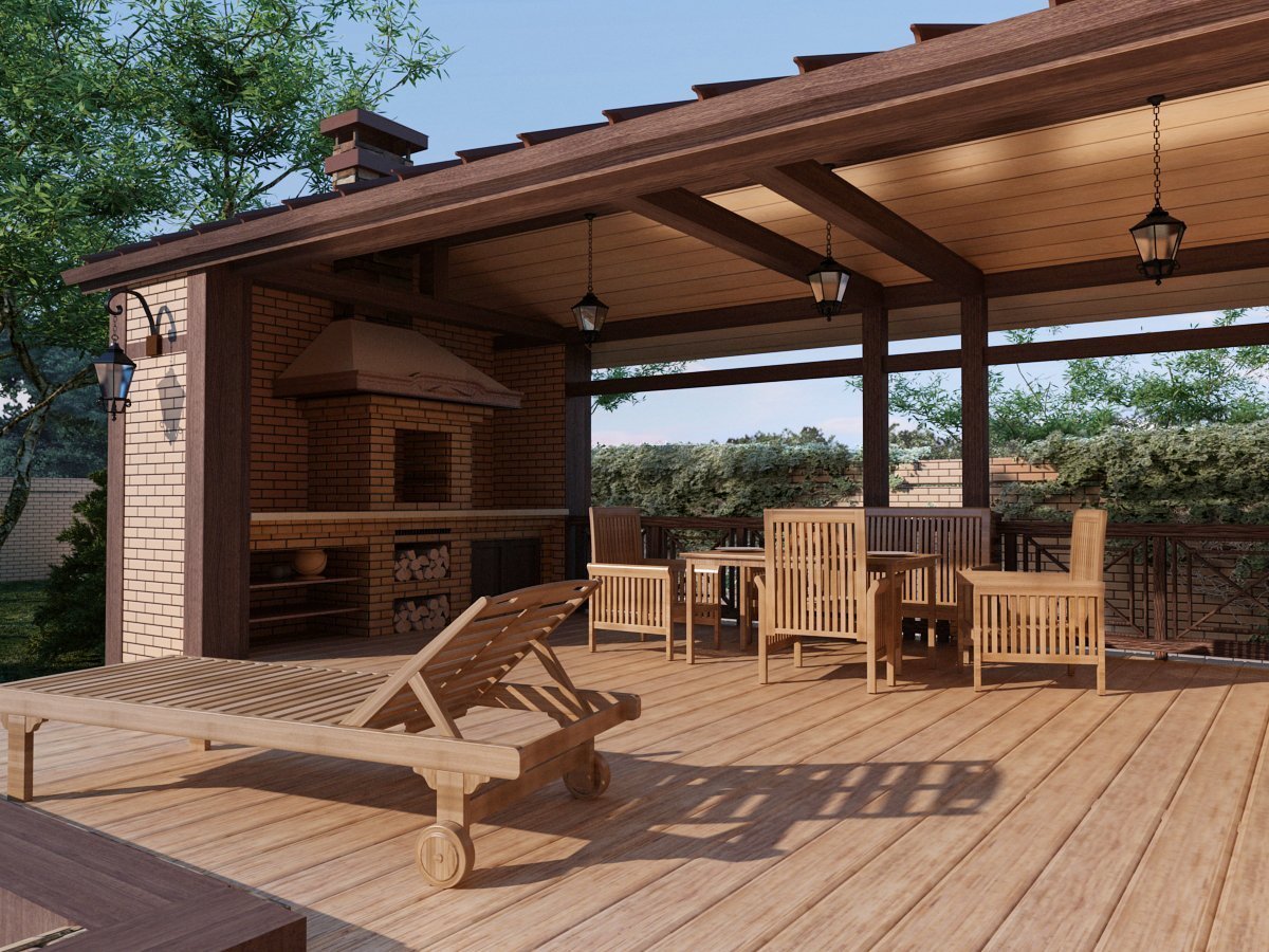 Баня с террасой и барбекю под односкатной крышей