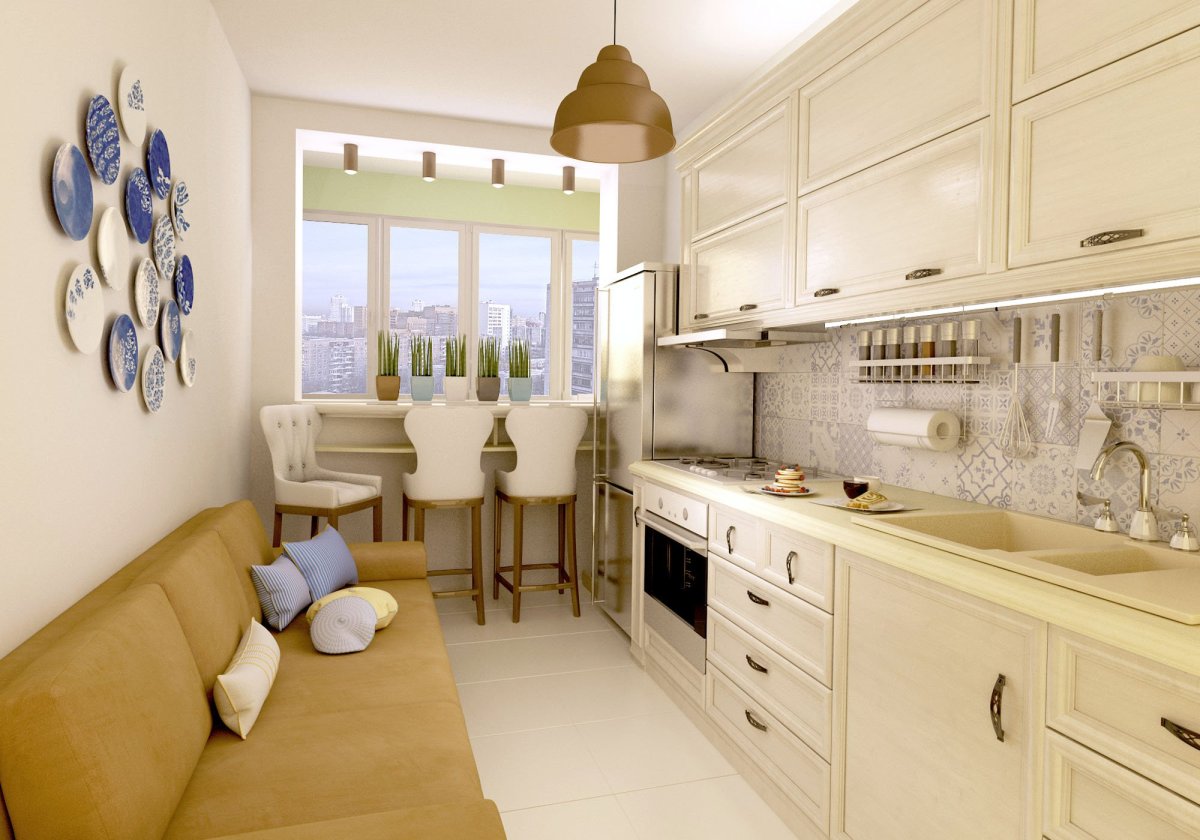 Прямоугольная кухня с диваном