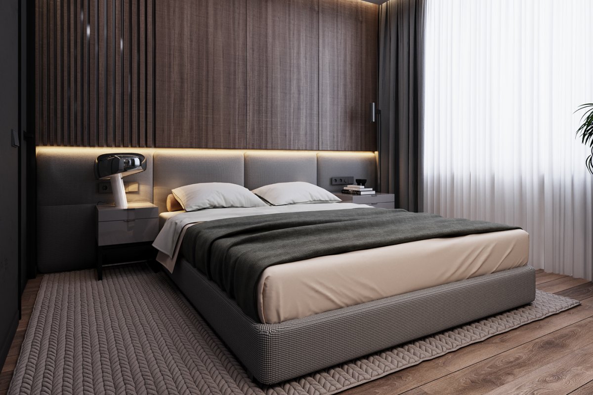 Современная спальня с рейками