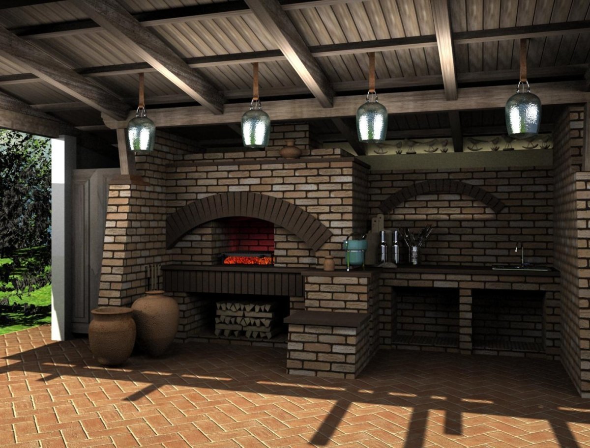 Веранда с мангалом из кирпича