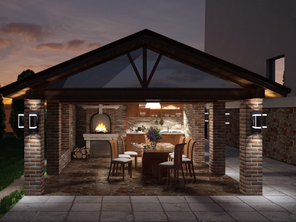 Беседка с мангальной зоной в стиле Шале