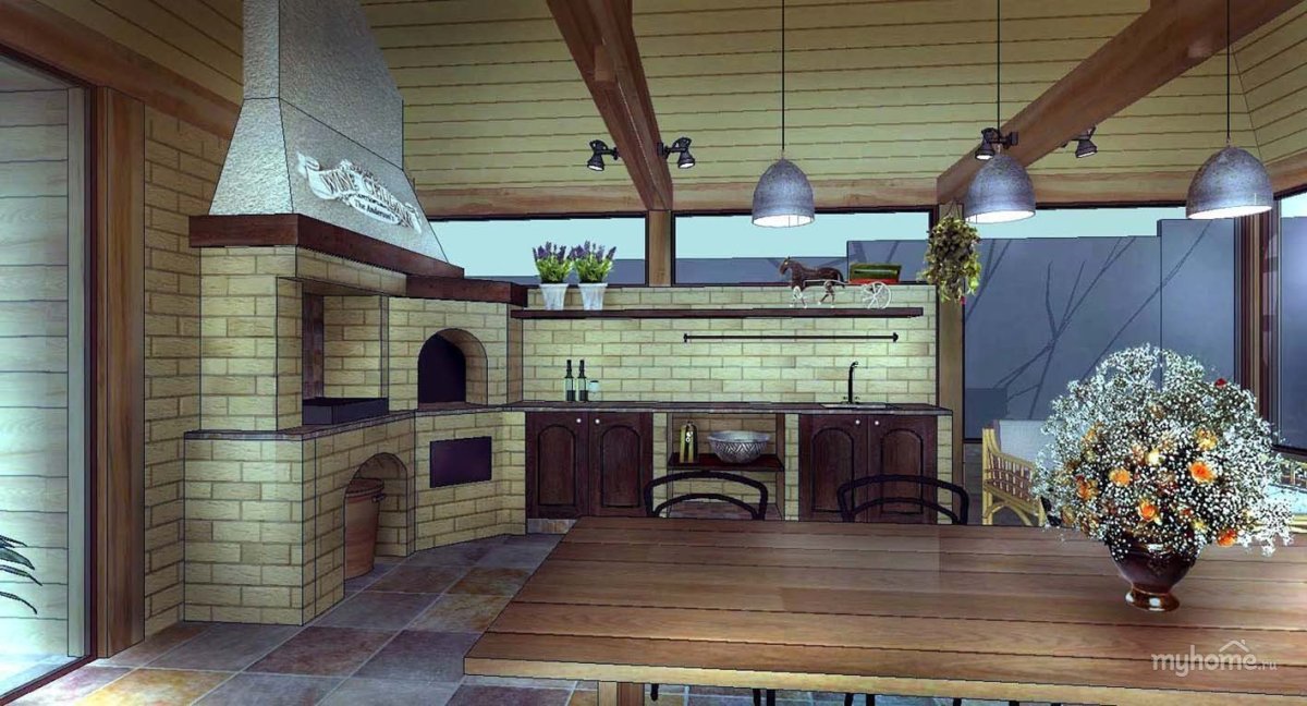 Внутренняя отделка беседки с барбекю
