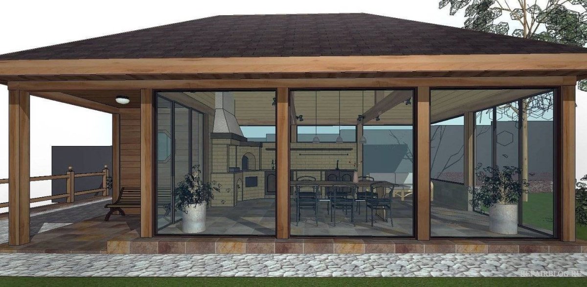 Летняя кухня с панорамными окнами