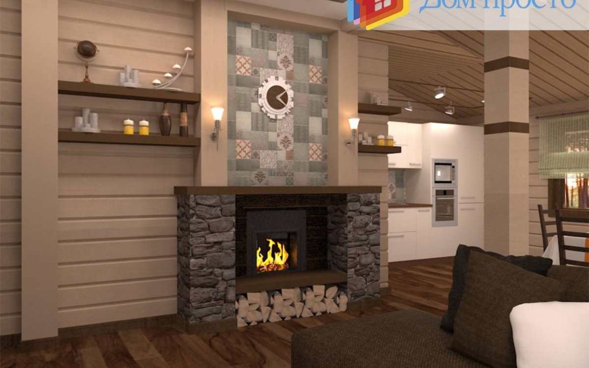 Интерьер бани с камином