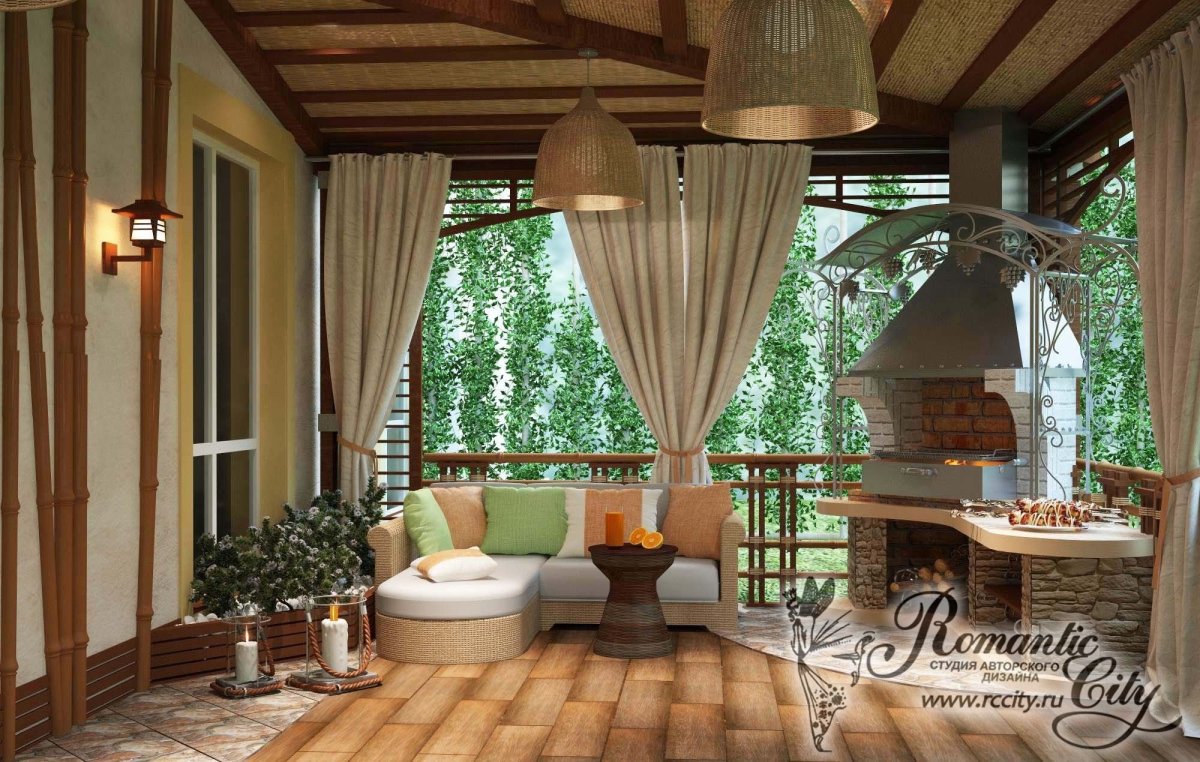 Веранда с мангальной зоной пристроенная к дому застекленная