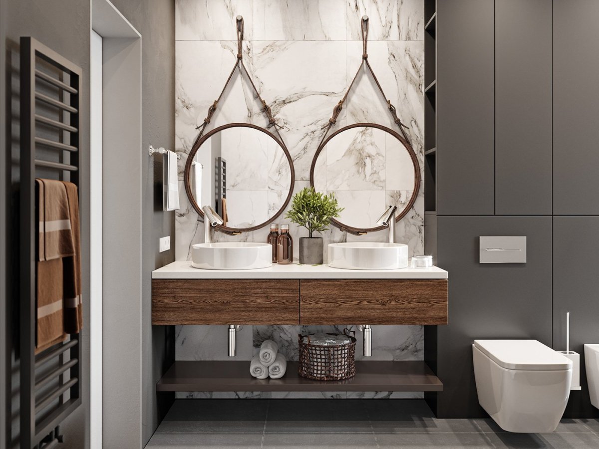 Двойная раковина в интерьере ванной