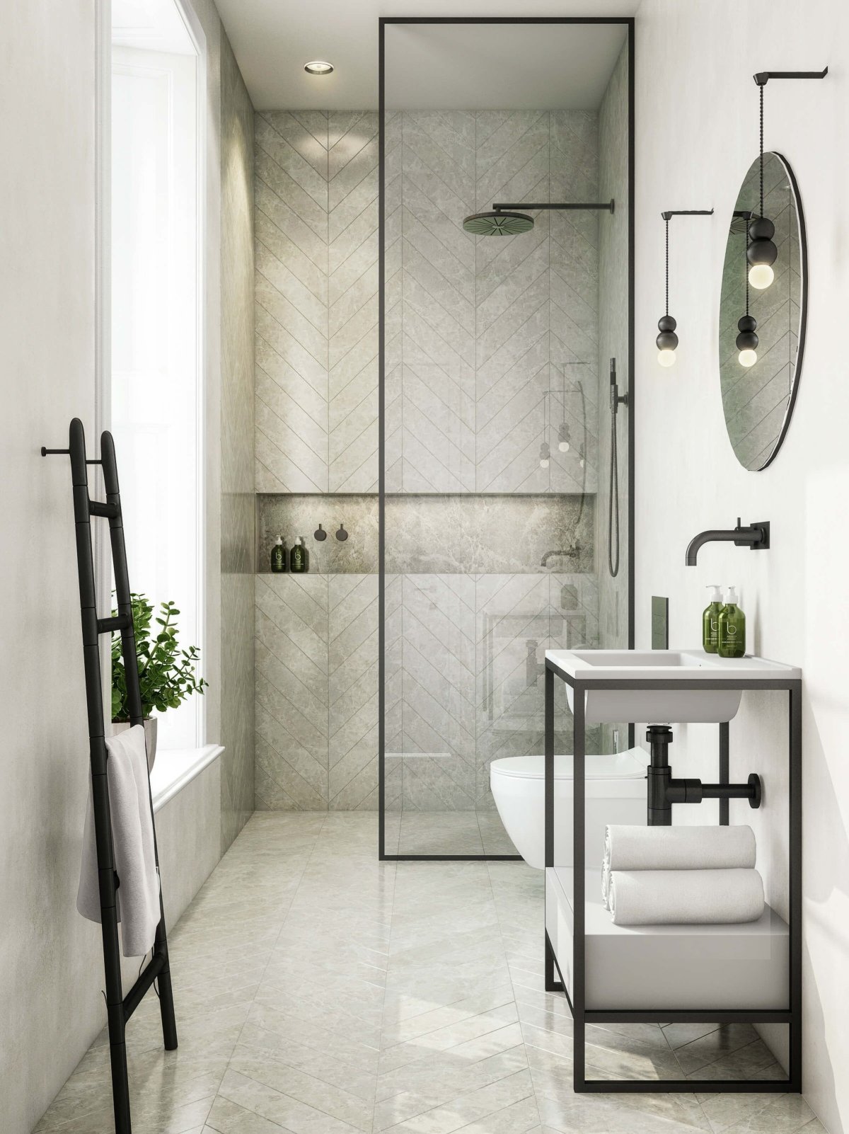 Интерьер ванной комнаты с душевой