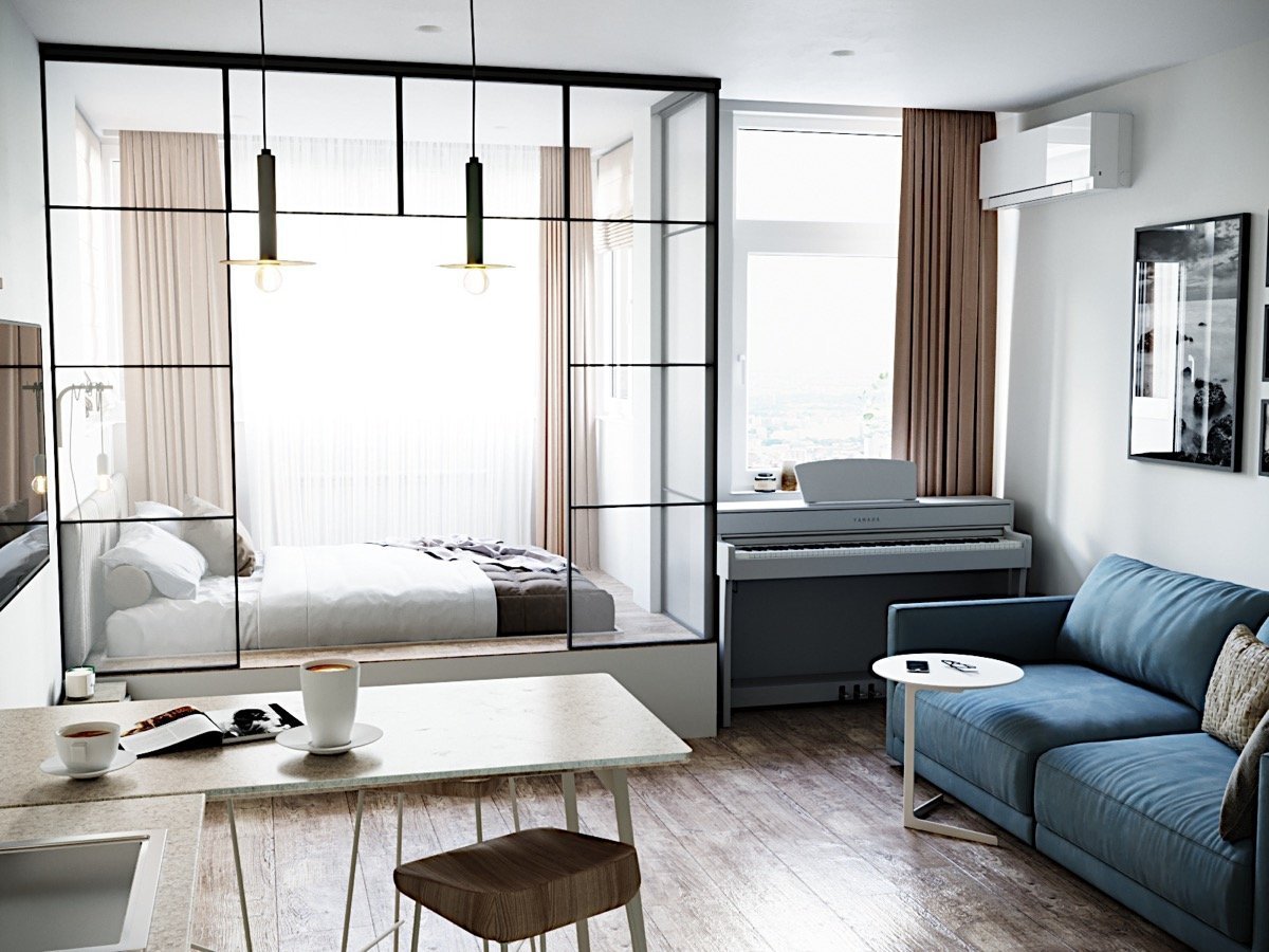 Дизайн однокомнатной квартиры с зонированием спального места