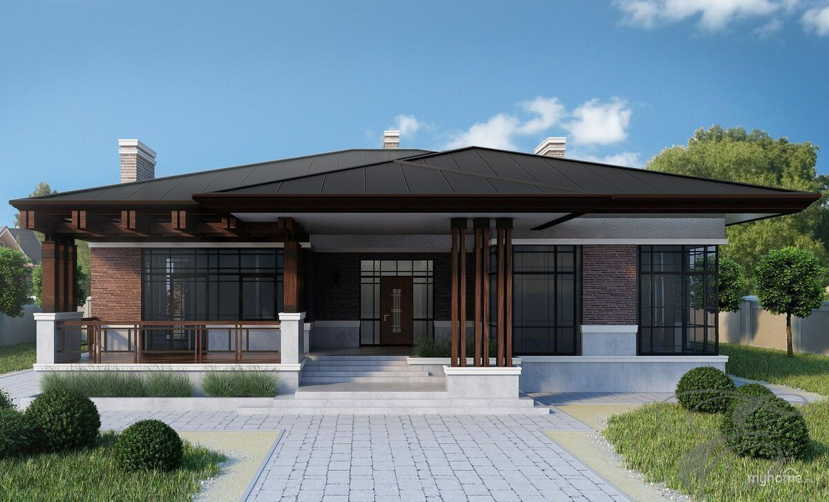 Одноэтажный дом в стиле Райта 150 кв м