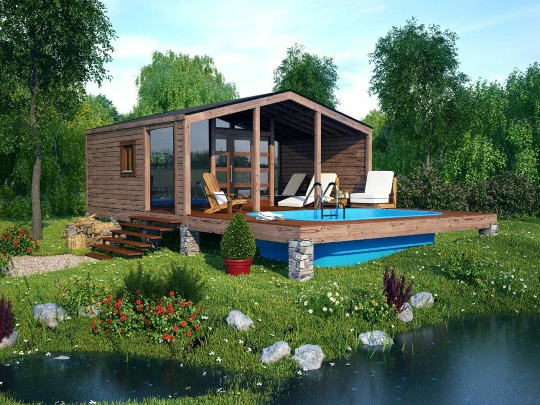 Современная небольшая баня с террасой