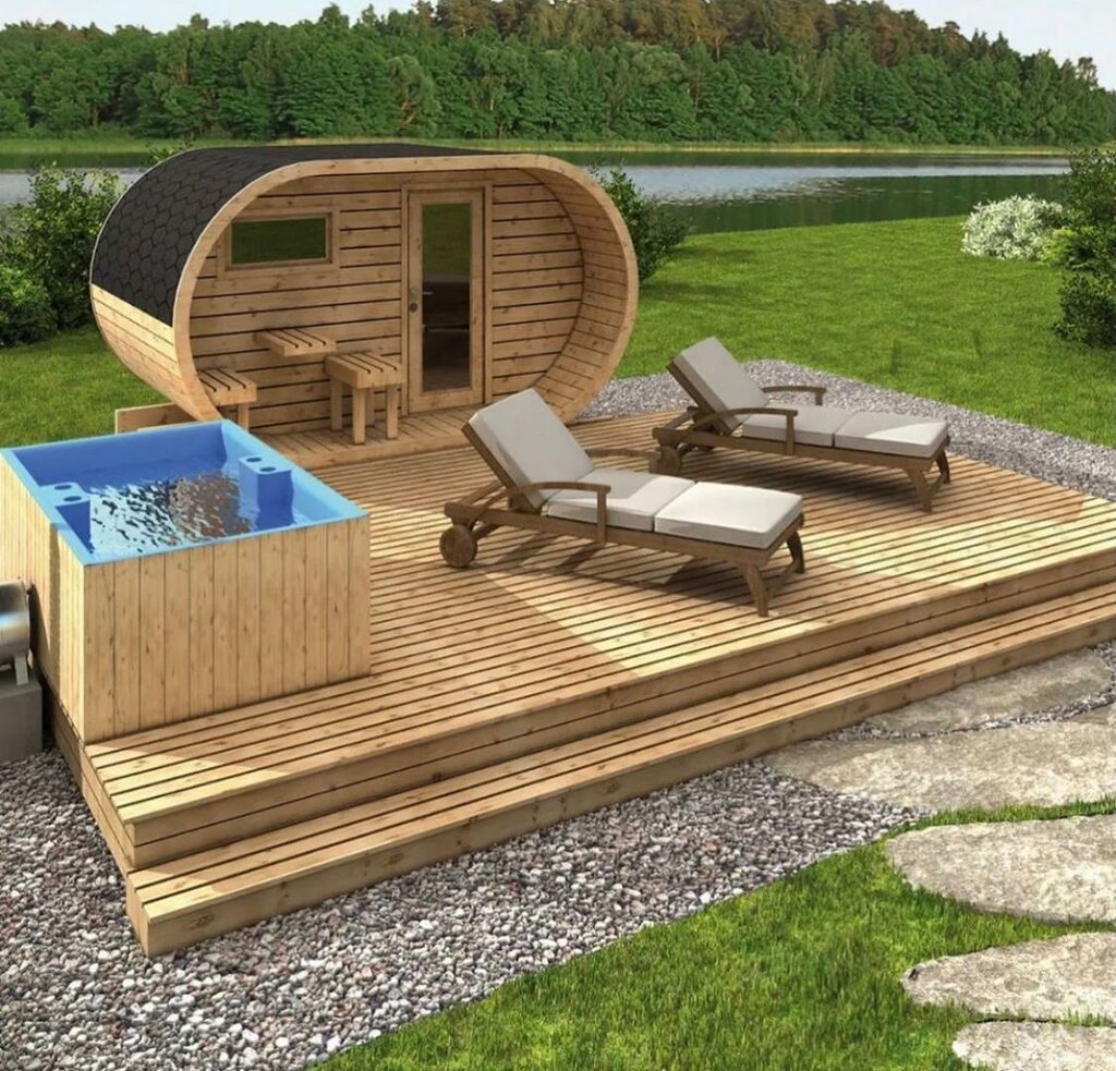 Баня бочка Квадро с террасой