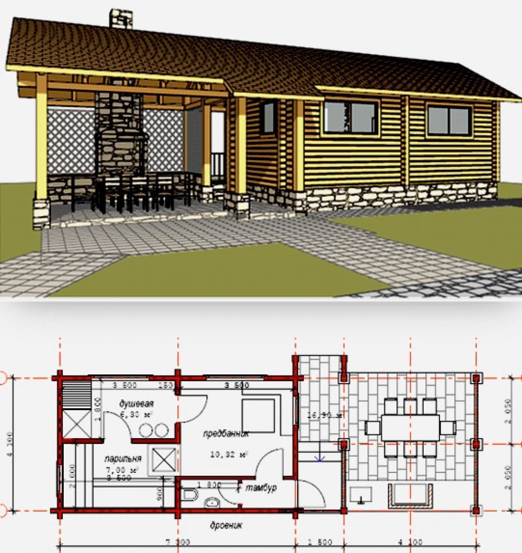 Баня 4 на 6 с беседкой под одной крышей