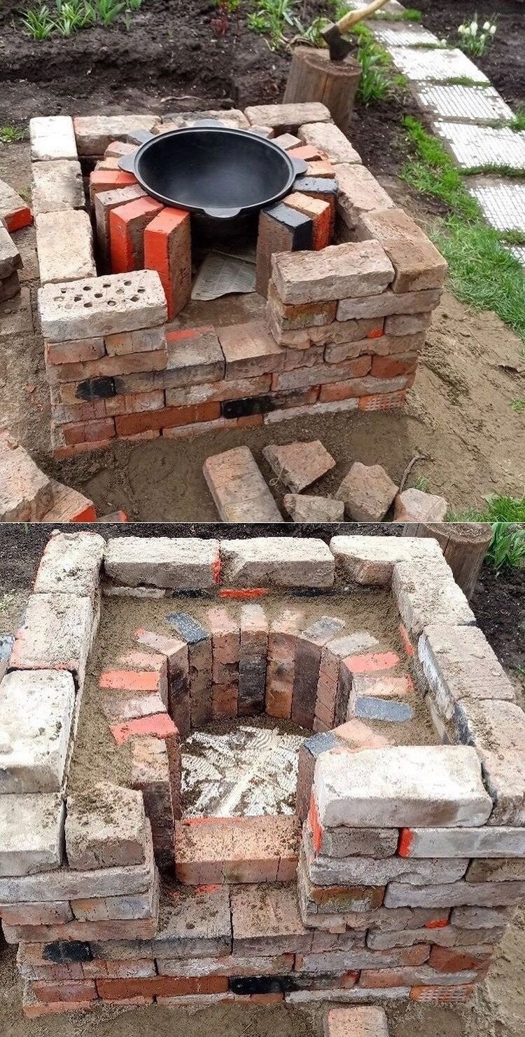 Печь для казана из кирпича с мангалом