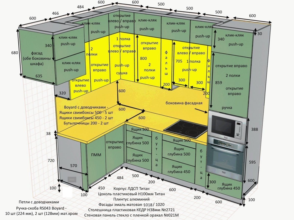 Свес столешницы на кухне над фасадами