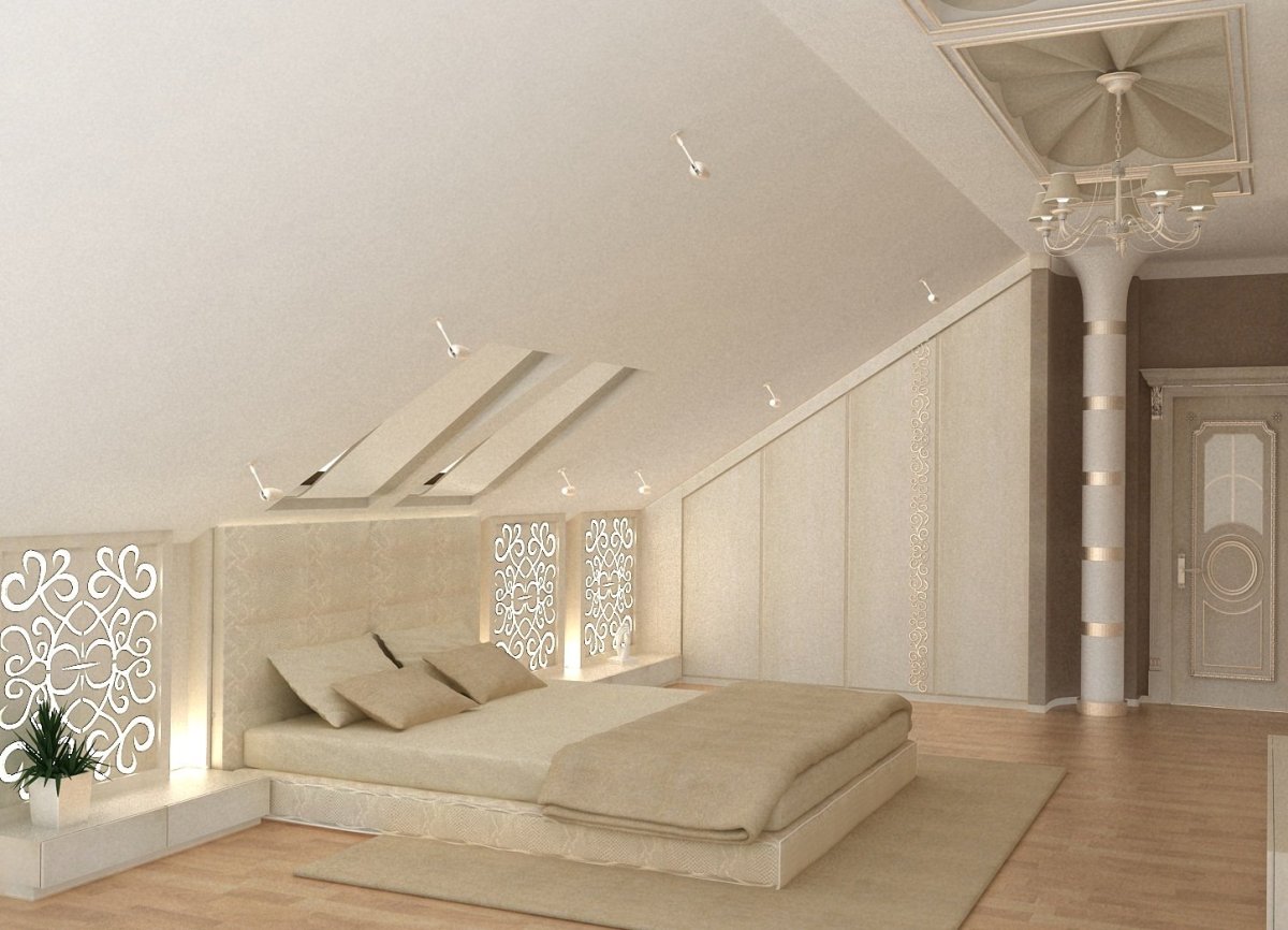 Спальня в мансарде со скошенным потолком дизайн