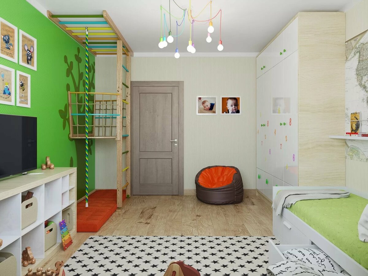 расстановка детской мебели в прямоугольной комнате