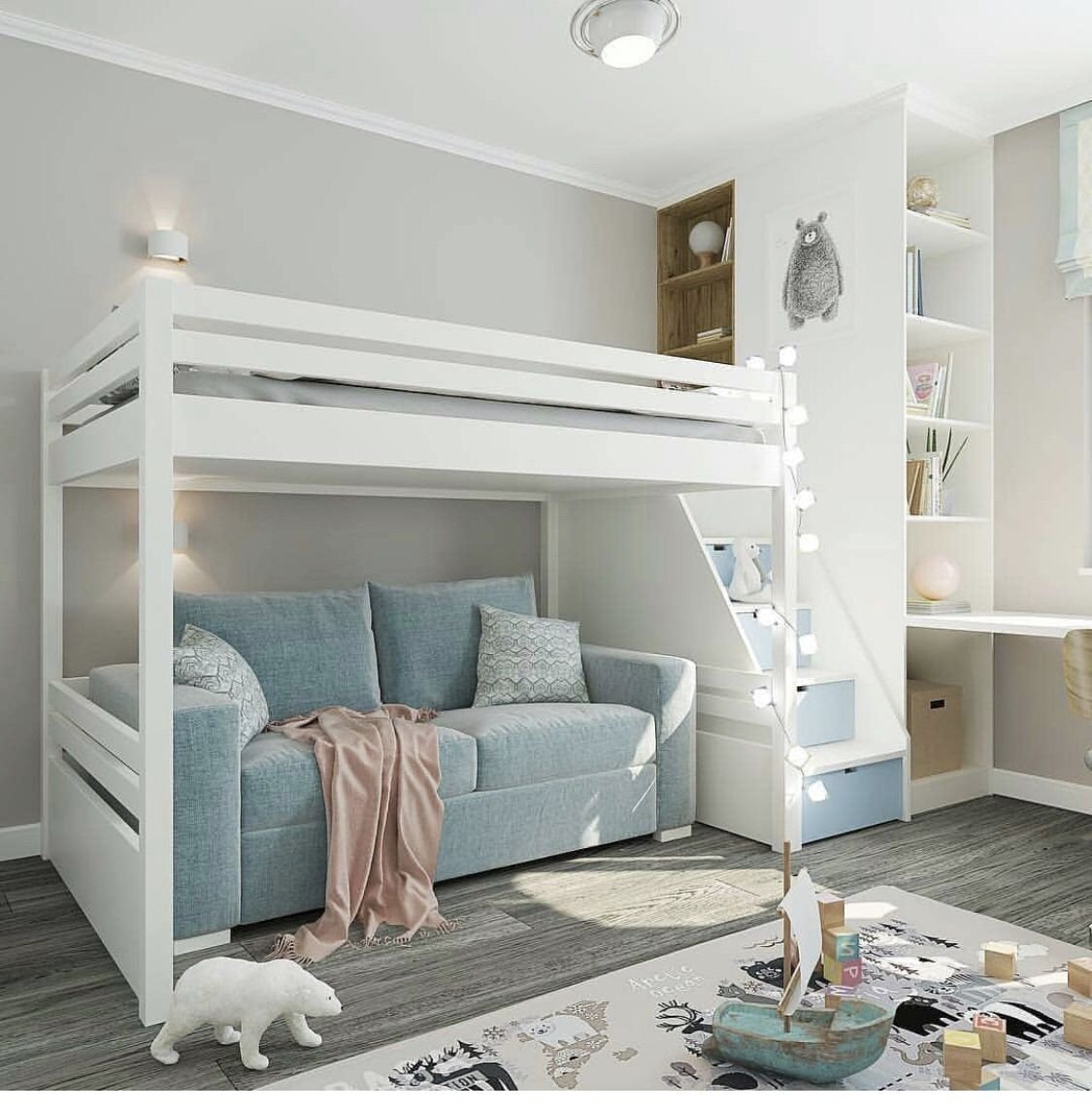 Интерьер детской комнаты с двухъярусной кроватью - 72 фото