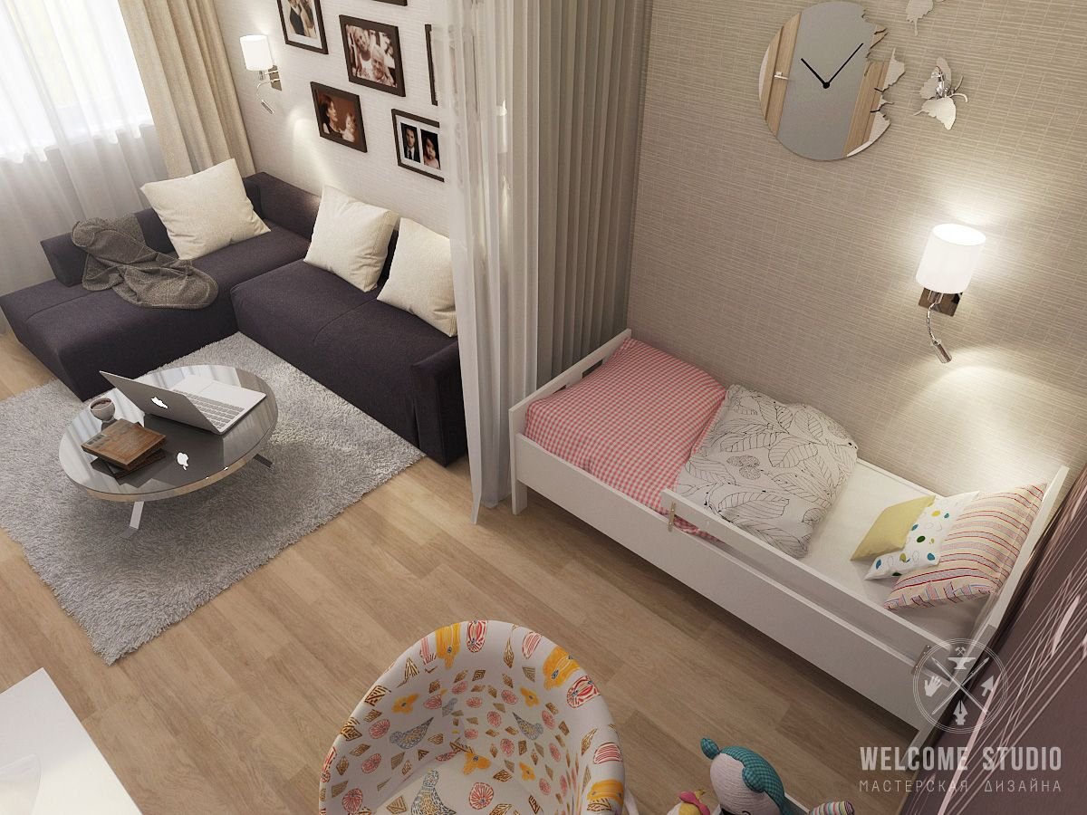 Однокомнатная квартира с детской кроваткой - 71 фото