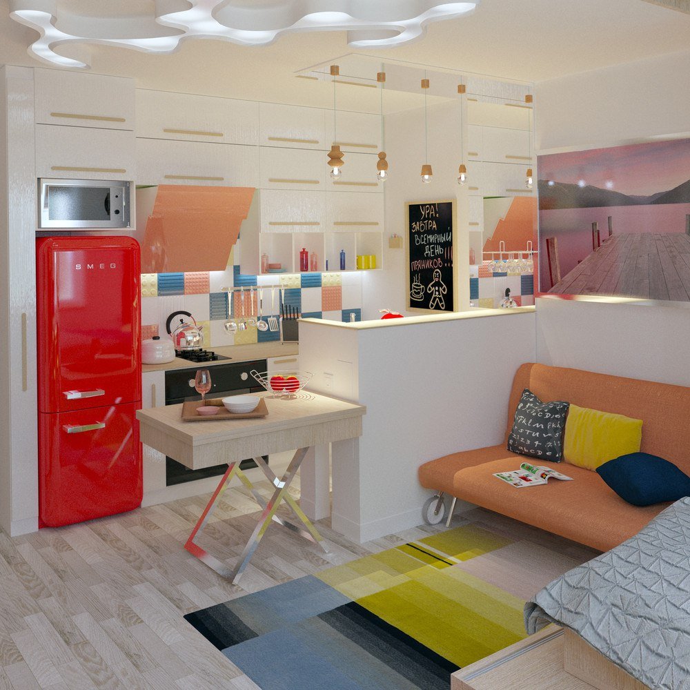 дизайн комнаты студии с кухней и зоной отдыха 16 кв