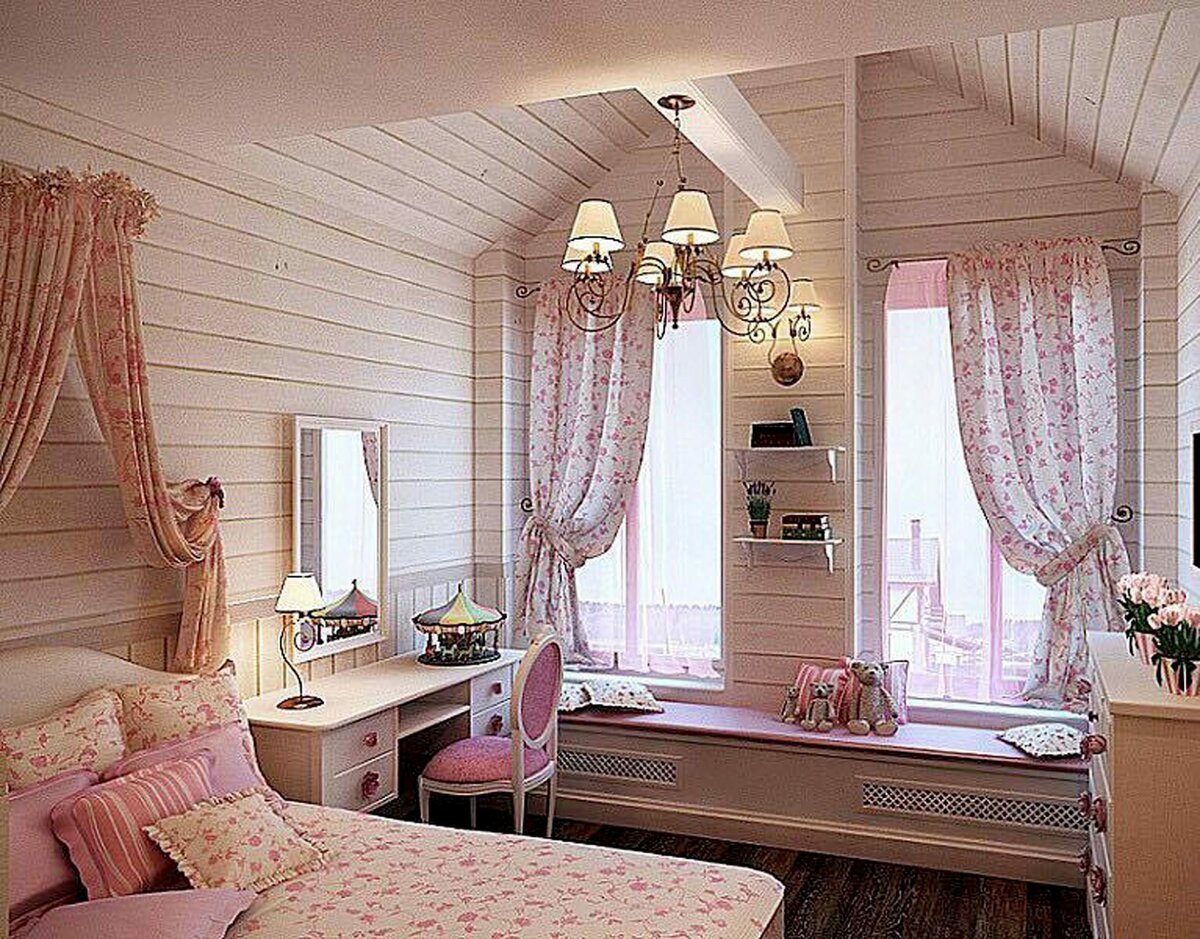 Спальня в стиле Прованс в бревенчатом доме