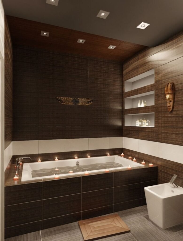 Бежевый коричневый дизайн ванной