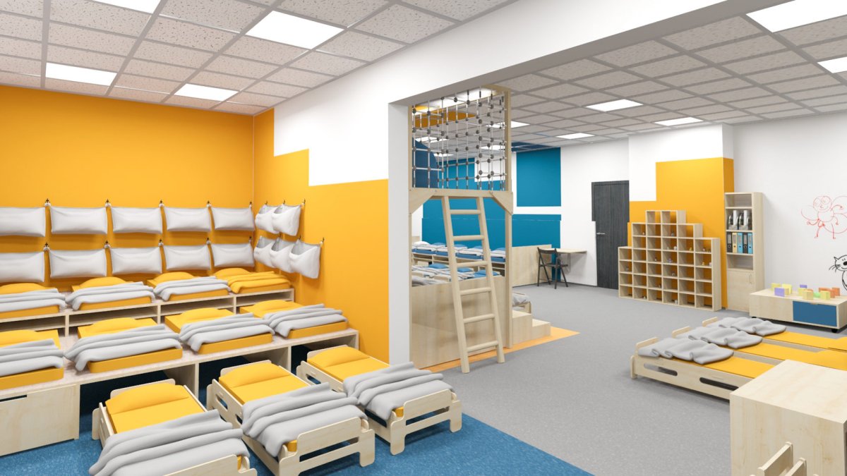 Детская с подиумом и выдвижными кроватями