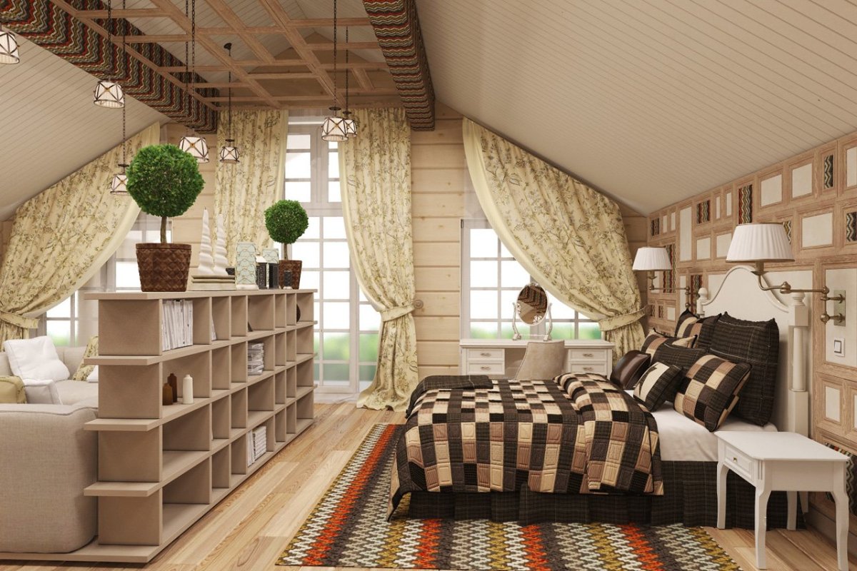 Интерьер мансарды из клееного бруса