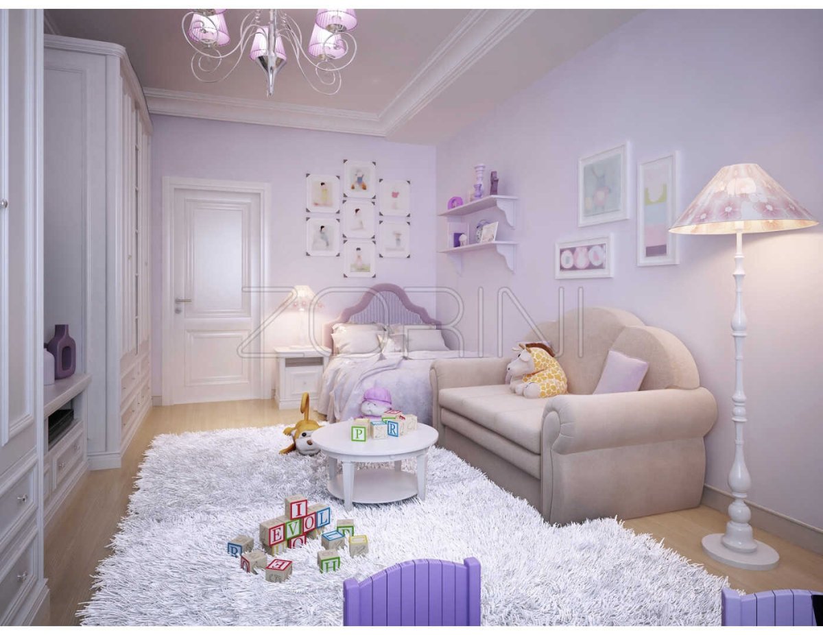 Детская комната в бежево-сиреневых тонах