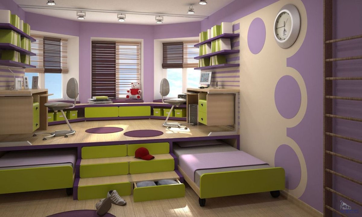 Детская с подиумом и выдвижными кроватями