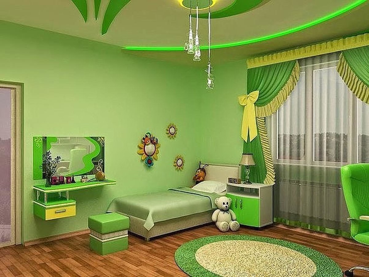 Зеленые обои в детской комнате