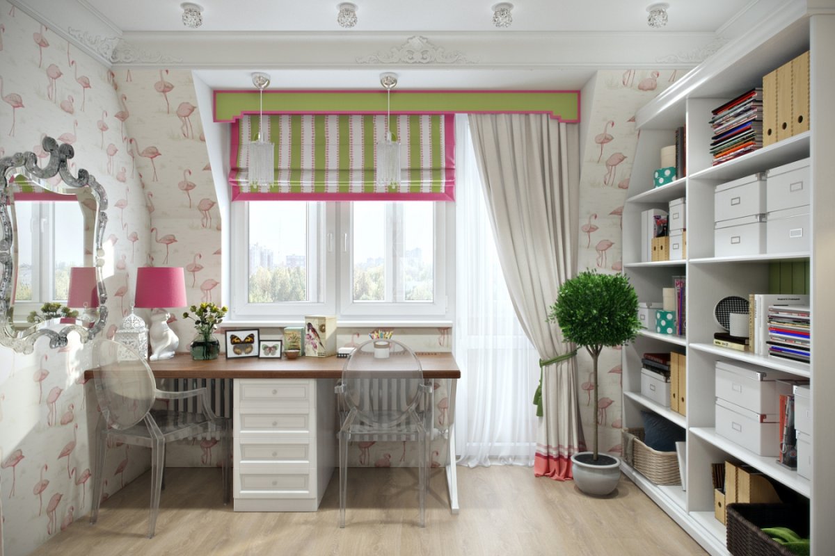 Детская комната для девочки с двумя окнами