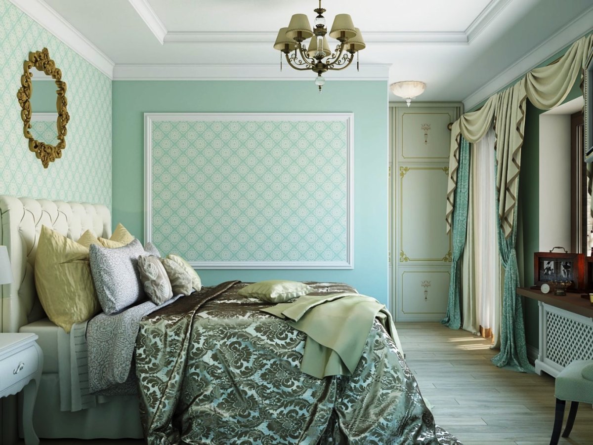Бирюзовая стена с молдингами