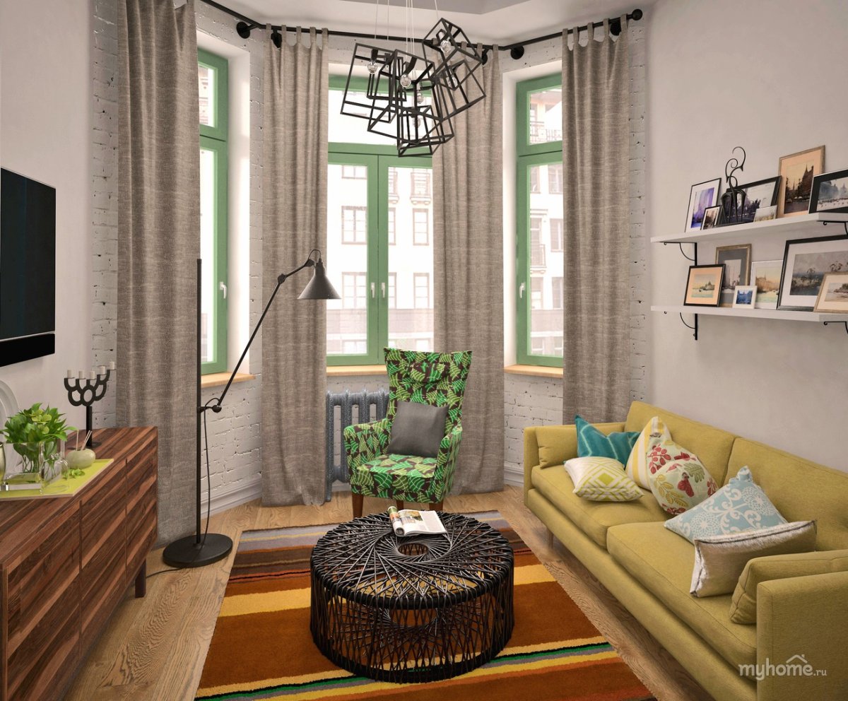 Шторы в эркере для спальни