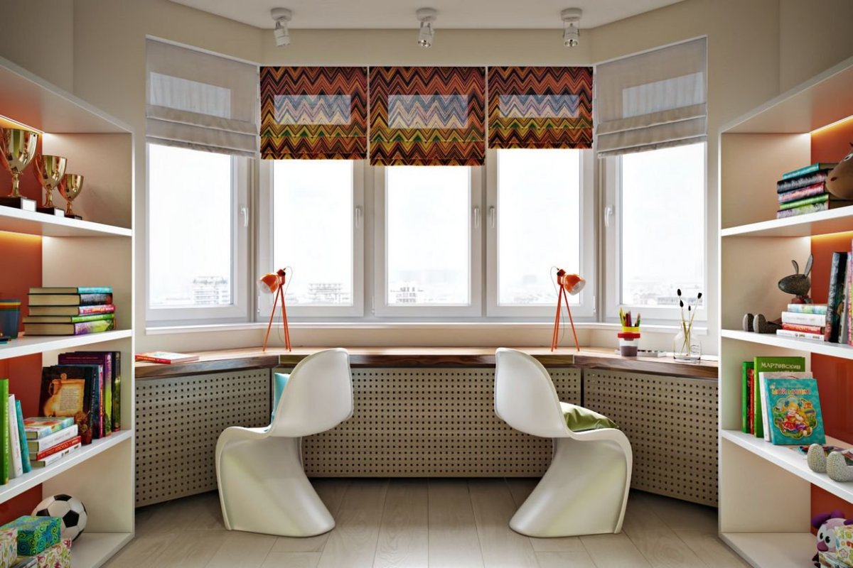 Комната для девушки в современном стиле с прямоугольным эркером