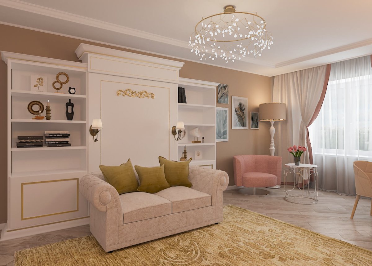 Гостиная 16 кв.м в светлых тонах Неоклассика