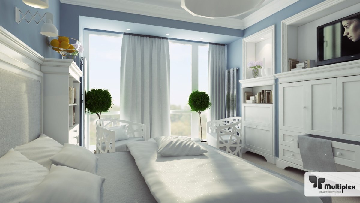 Светлая рабочая зона в спальне Неоклассика