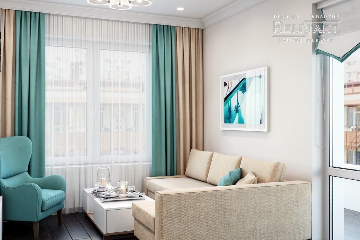 Гостиная в бежево бирюзовом цвете