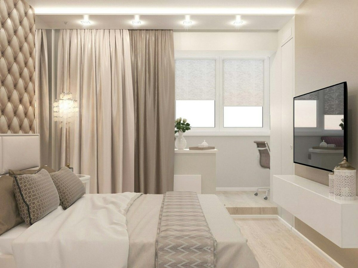 Спальня с лоджией в светлых тонах