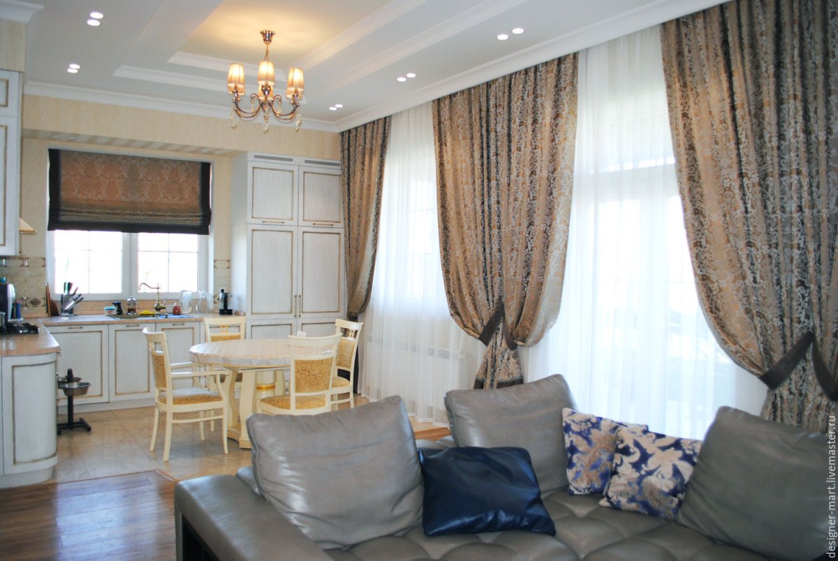 Шторы в гостиную на одну сторону с ламбрекеном