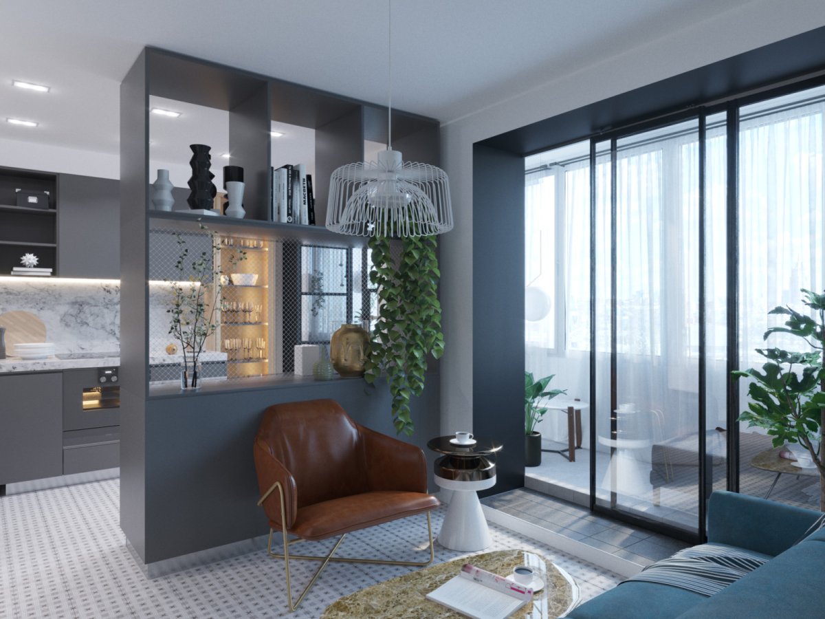 Кухня гостиная со стеклянной перегородкой