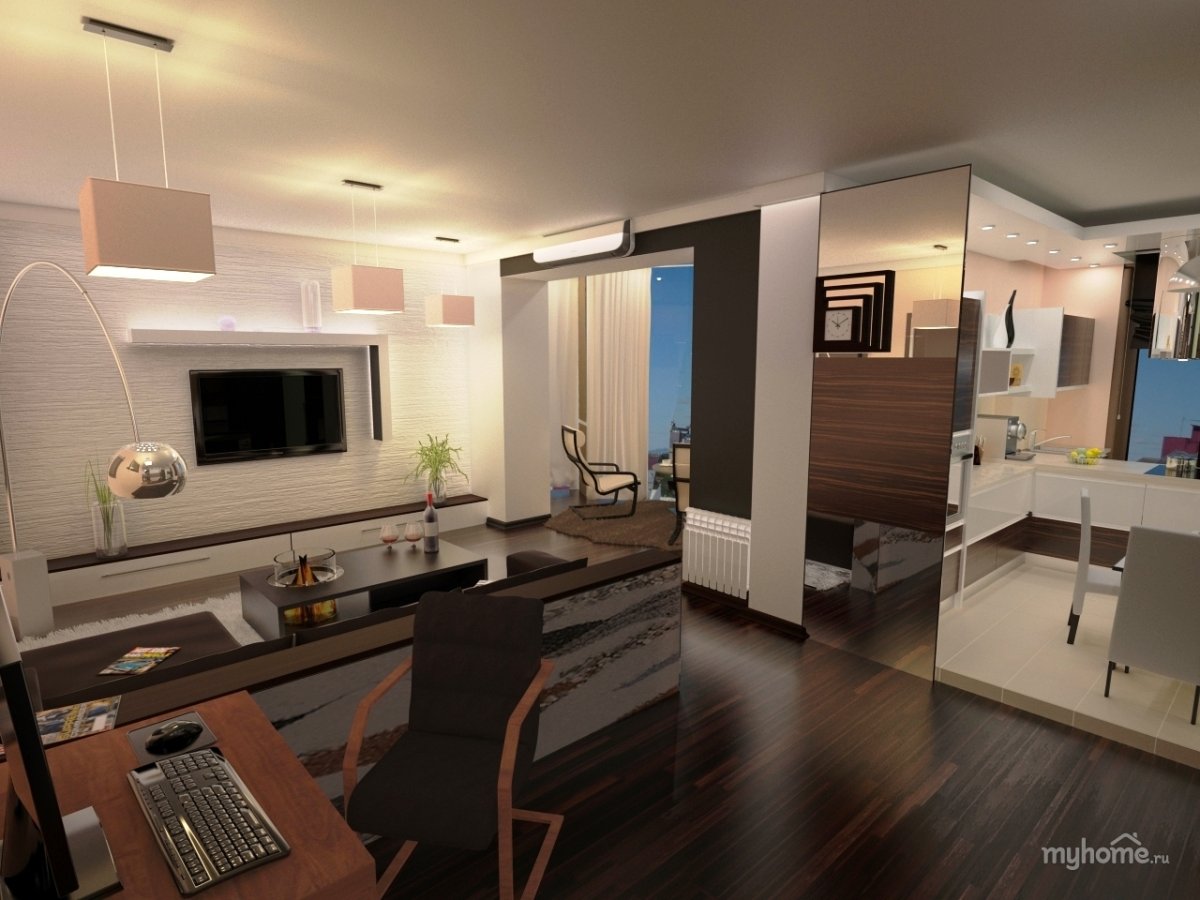 Проект однокомнатной квартиры студии с большой лоджией