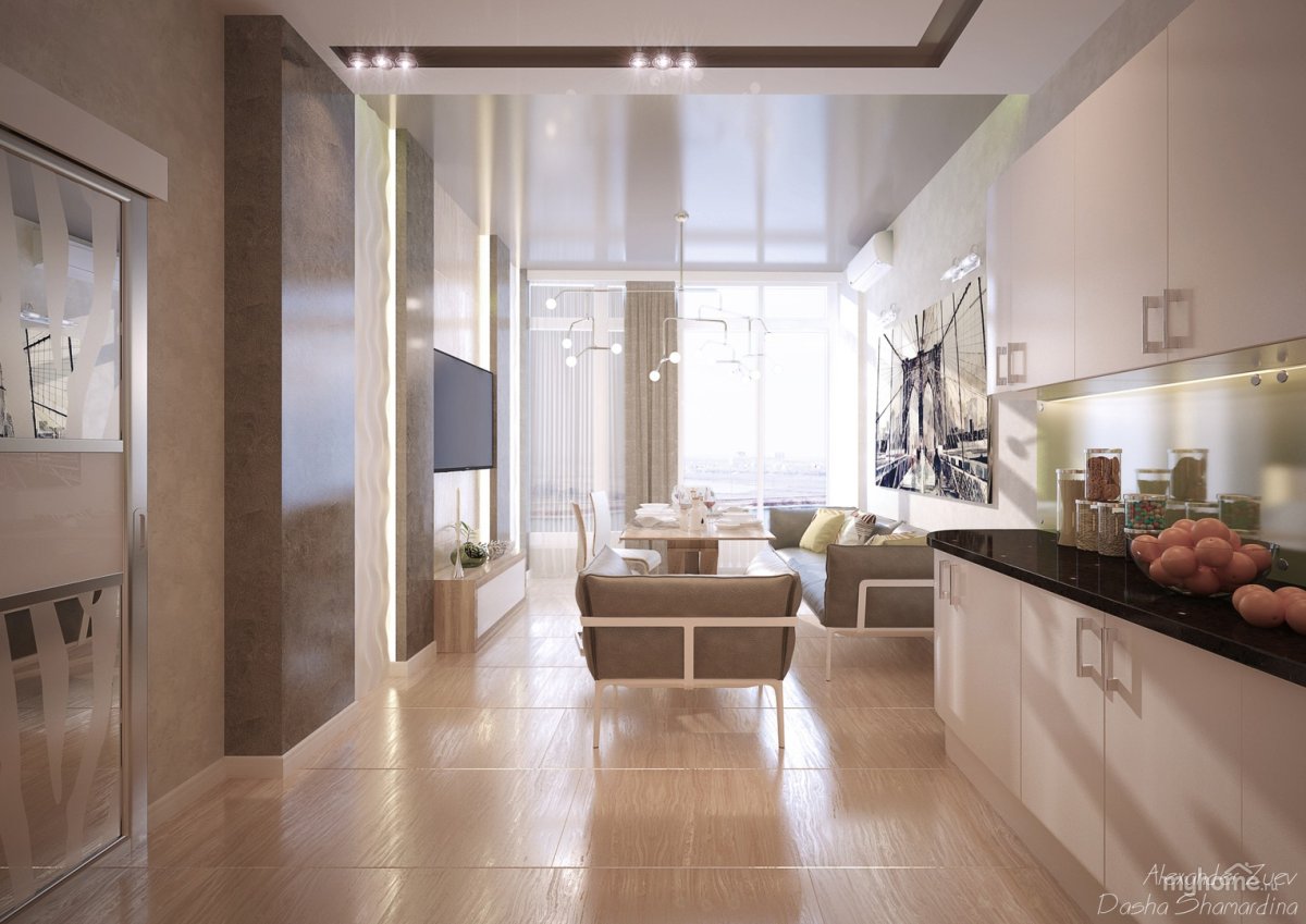 Гостиная с витражными окнами совмещенная с кухней