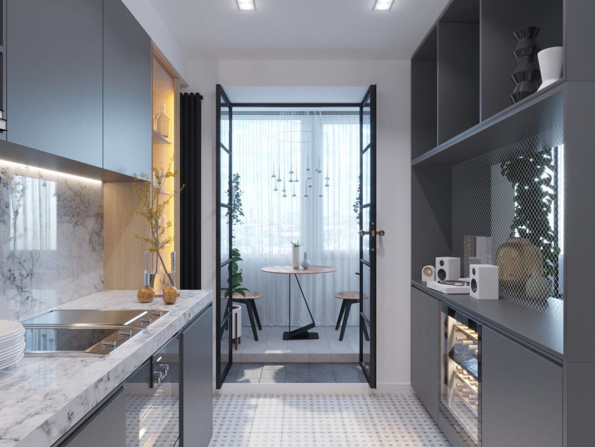 Интерьер узкой кухни с балконом