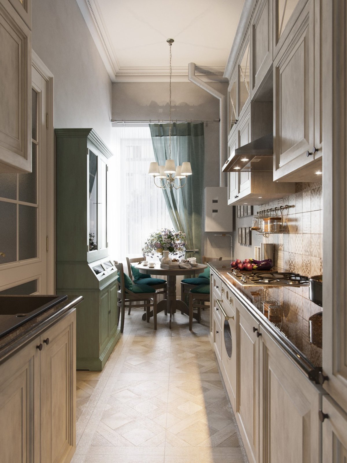 Интерьер прямоугольной кухни с балконом