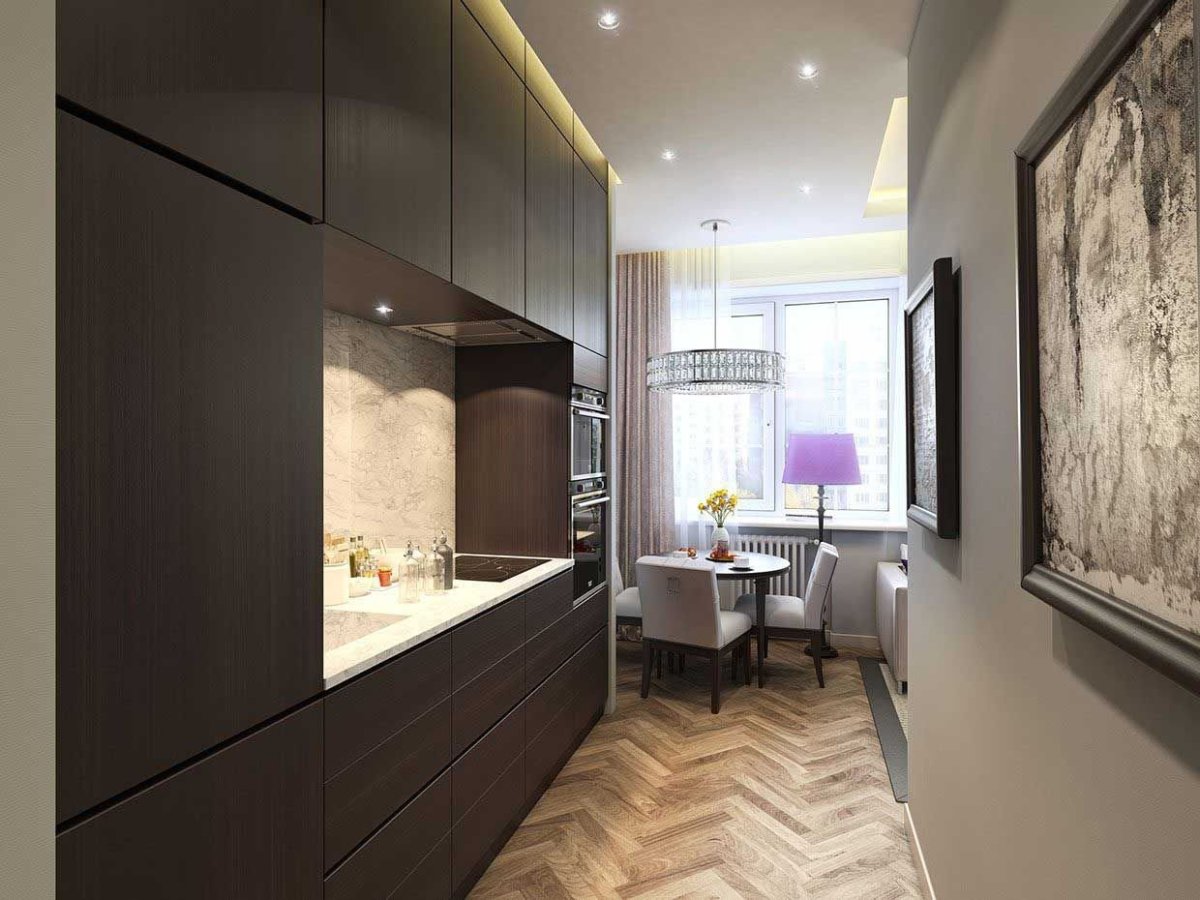 Узкая кухня-гостиная