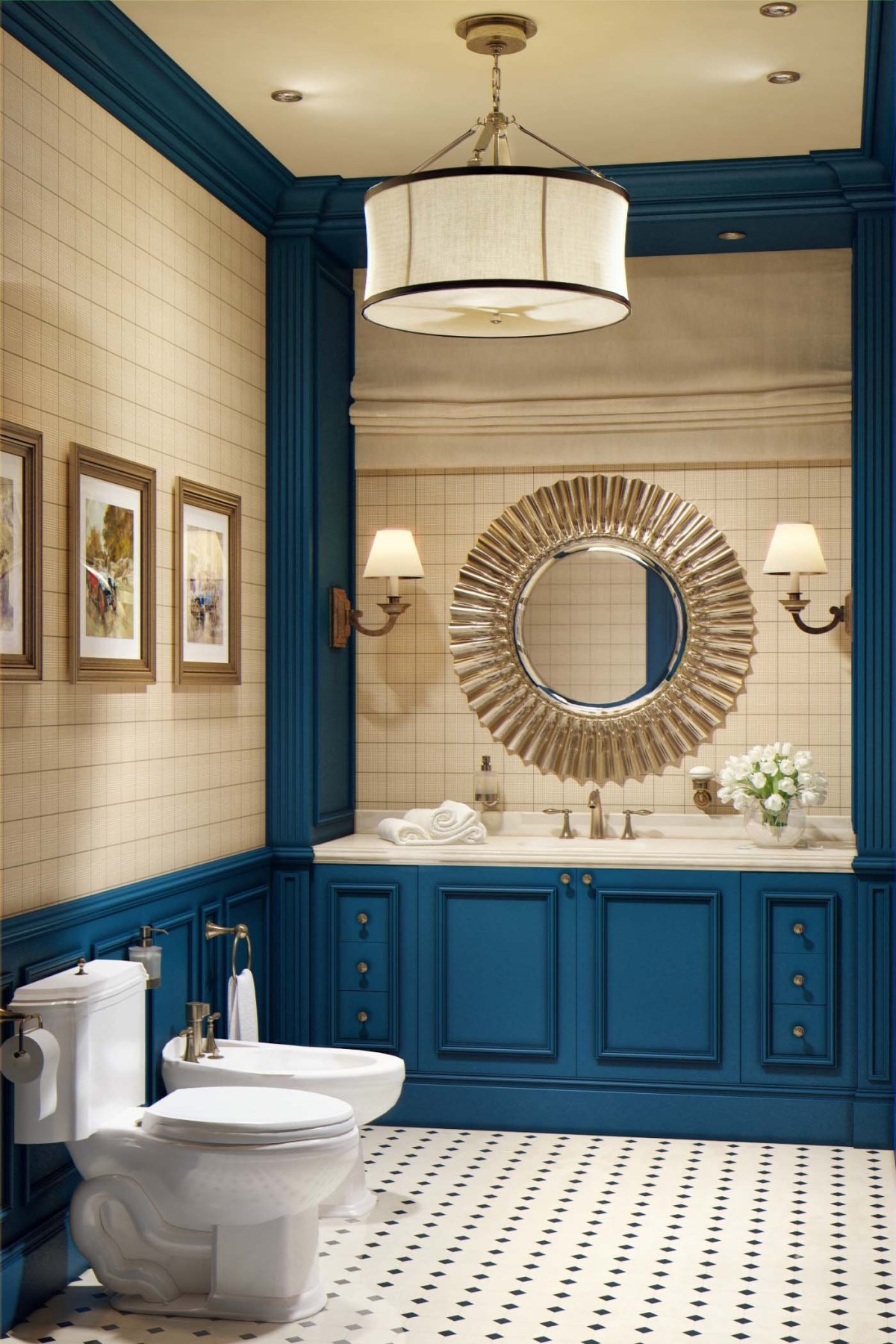 Ванна в классическом стиле с двумя раковинами