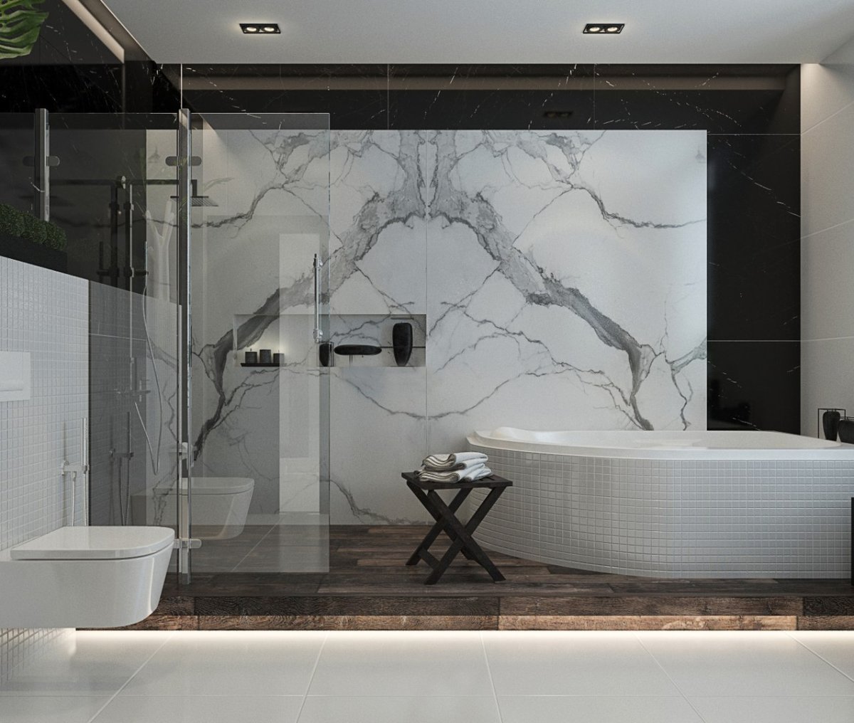 Интерьер ванной с крупноформатным мрамором