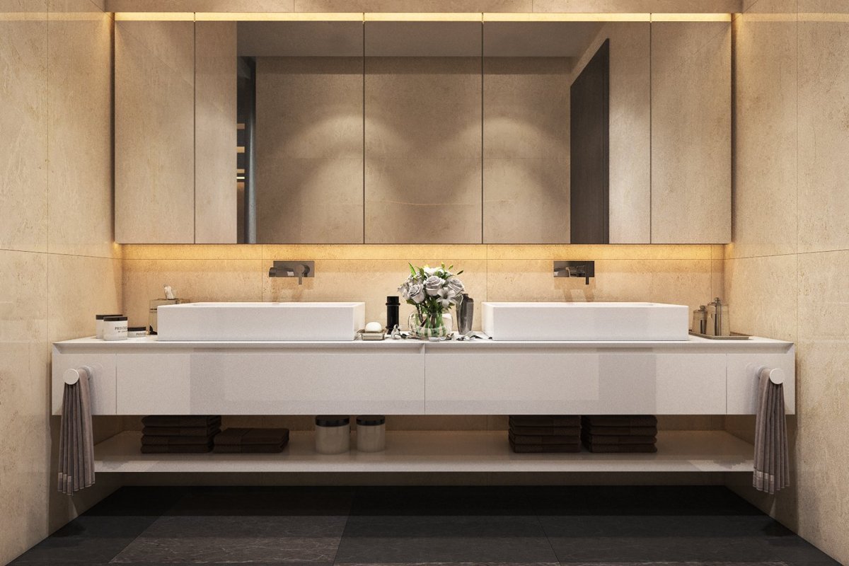 Ванная в классическом стиле с темной мебелью