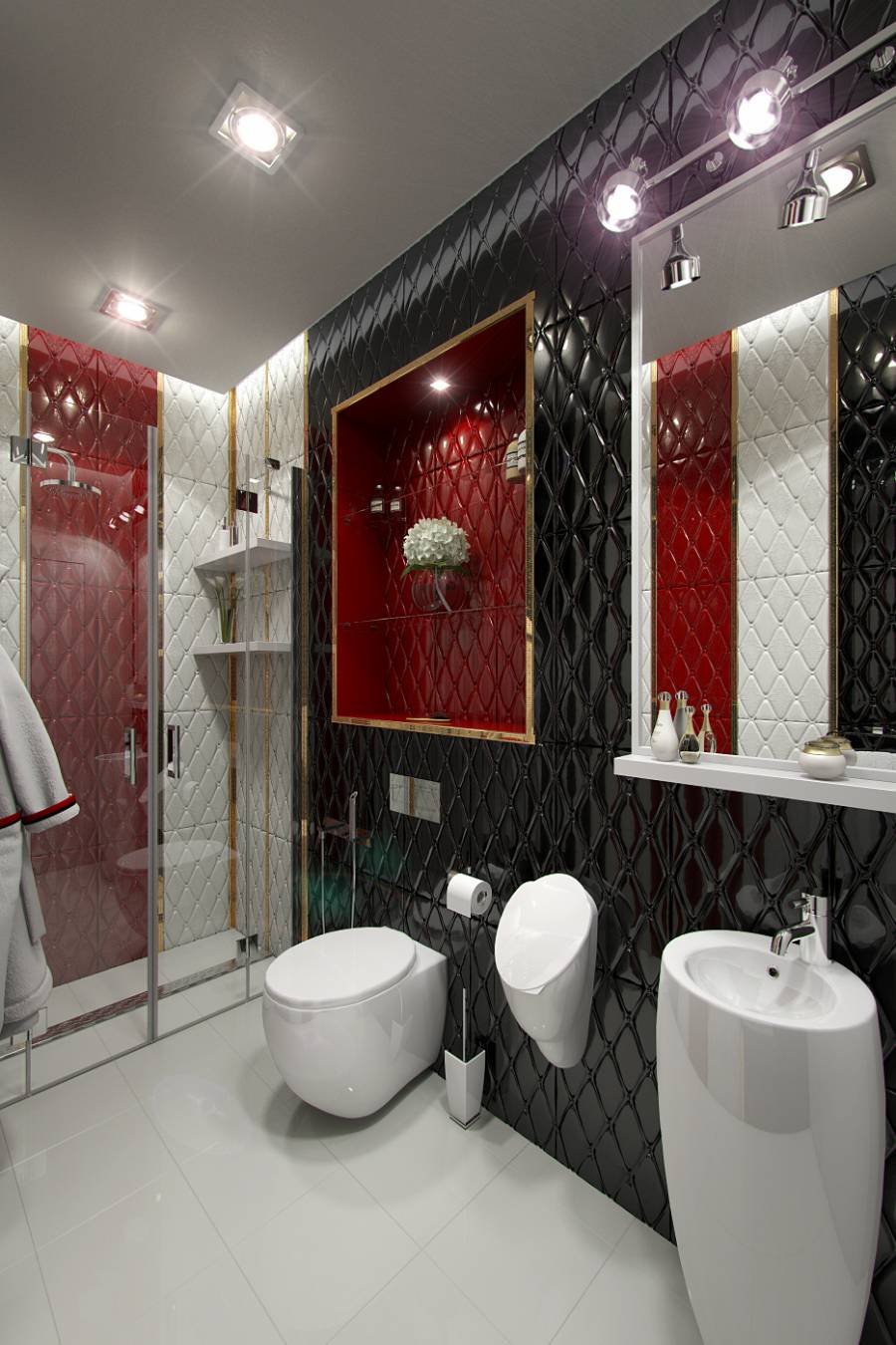 Черно бело красная ванная комната